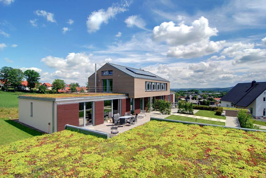 Dachbegrünung ECOgreen PACK auf einem privaten Hausdach mit Wohngebiet im Hintergrund