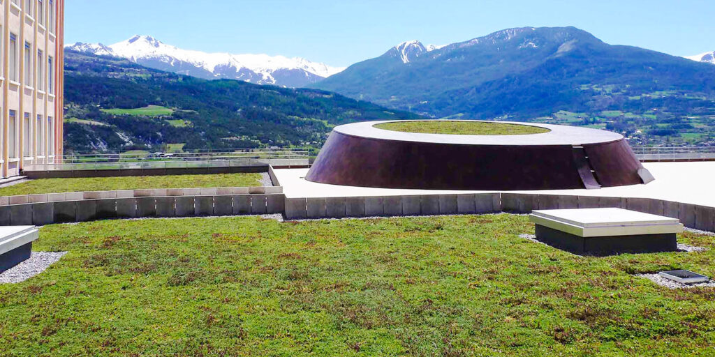 ECOgreen PACK Dachbegrünung auf dem schweizer Hopital Embrun mit Bergpanorama im Hintergrund