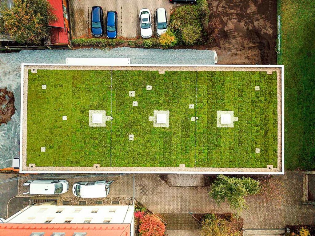 Blick von oben auf die ECOgreen PACK Dachbegrünung der Kita Mainleus