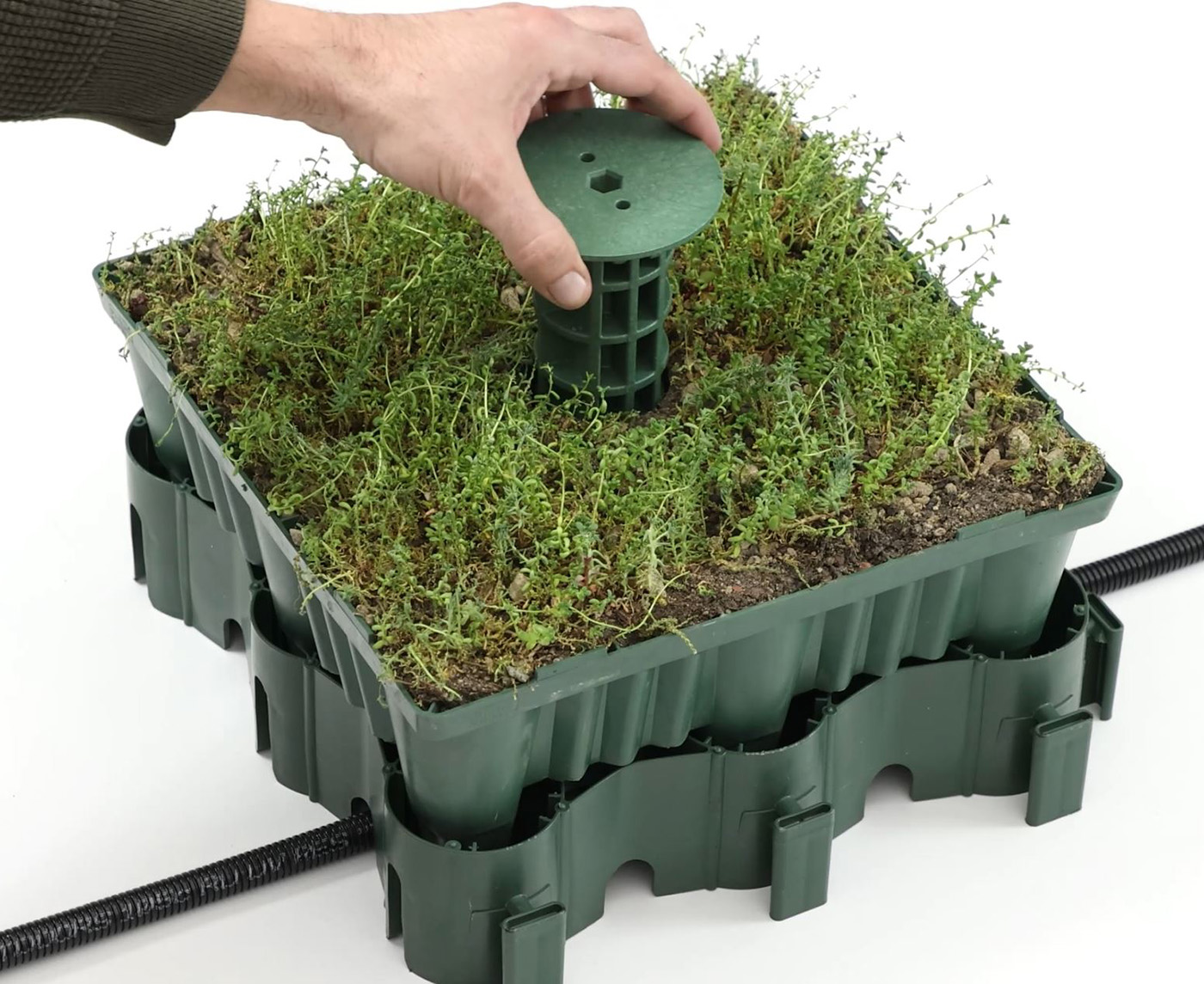 Eine Hand setzt einen grünen Adapter in eine begrünte Box auf ein grünes Bodengitter