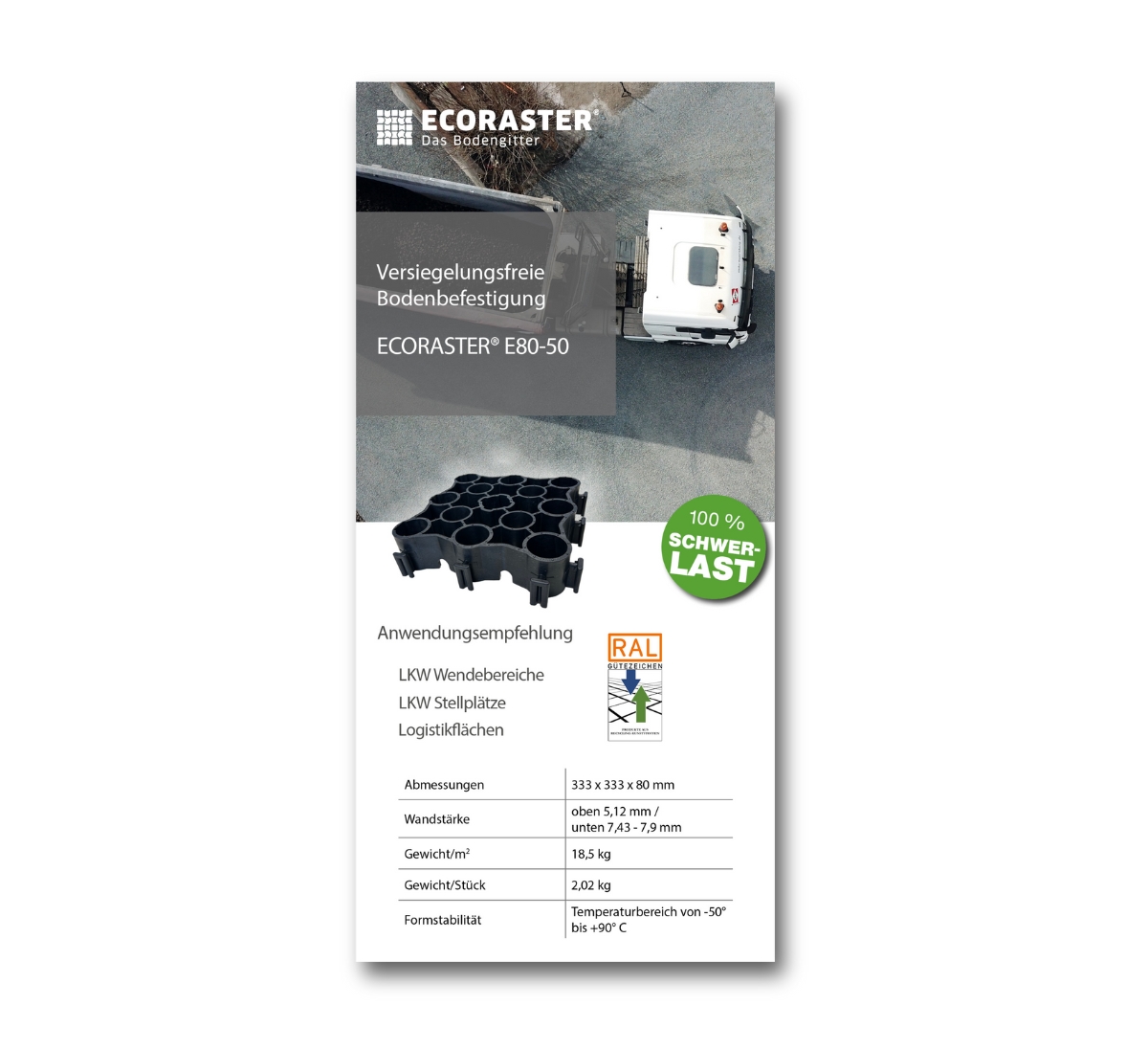 Vorderansicht des ECORASTER E80 heavy Datenblatts